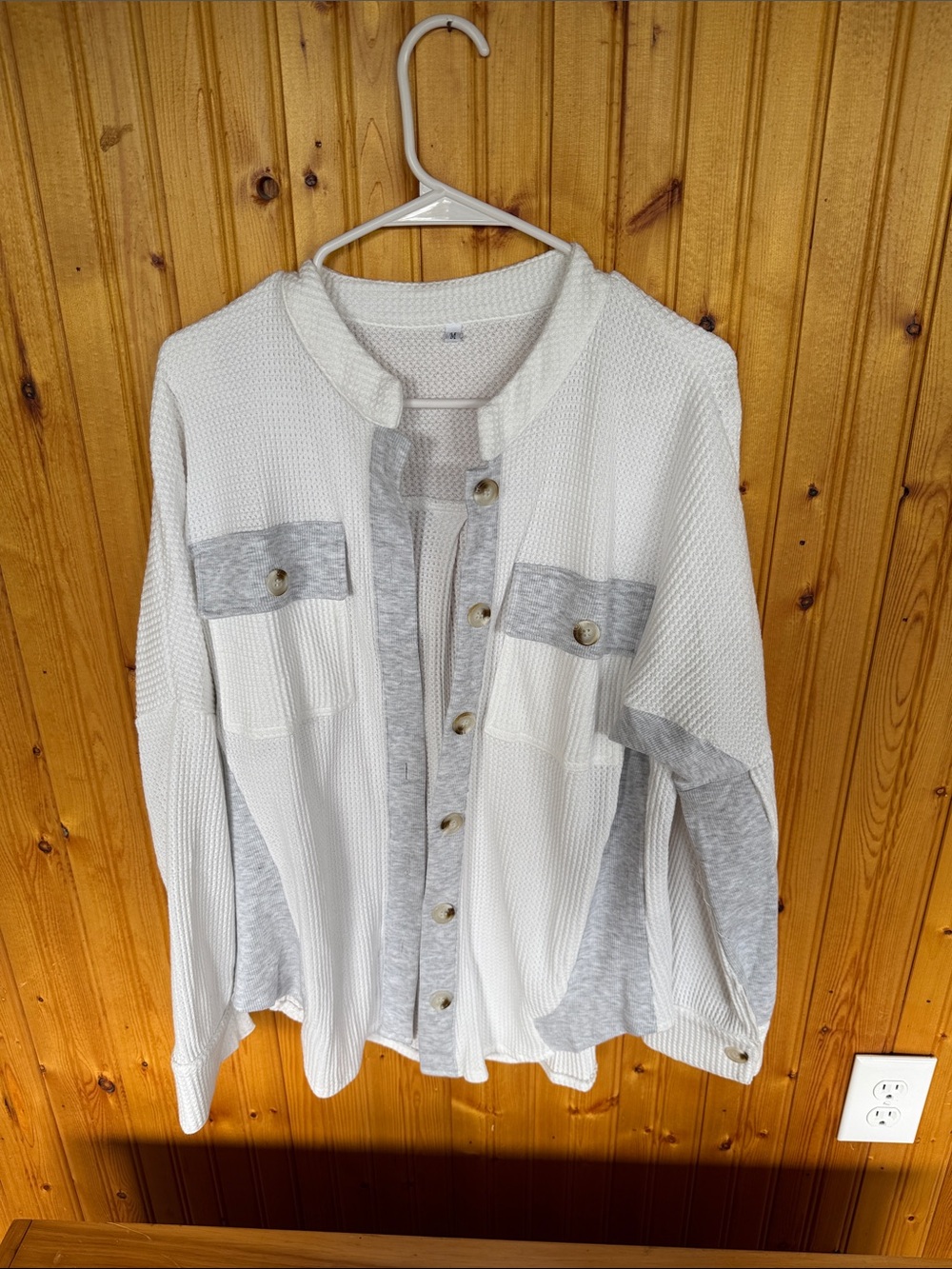 White & Light Gray Button-Front Women's Cardigan Sweater